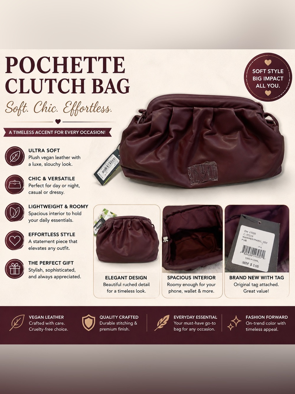 NWT Badgley Mischka Draped Frame Clutch Plum Ruched Vegan Leather Handbag